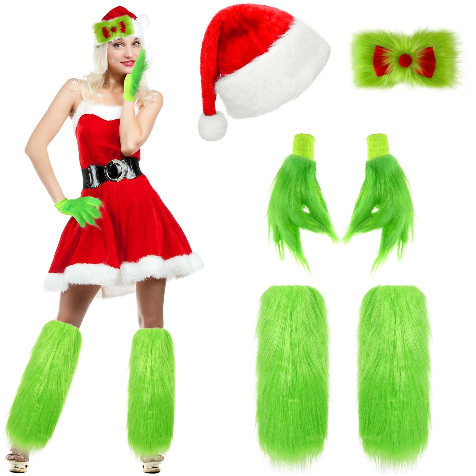 Bofeiya 4 Pcs Christmas Green Monster Santa Costume with Christmas Hat Fuzzy Faux Leg Hand Gloves Furry Hair Bow for Winter Holiday Xmas Dressing Props