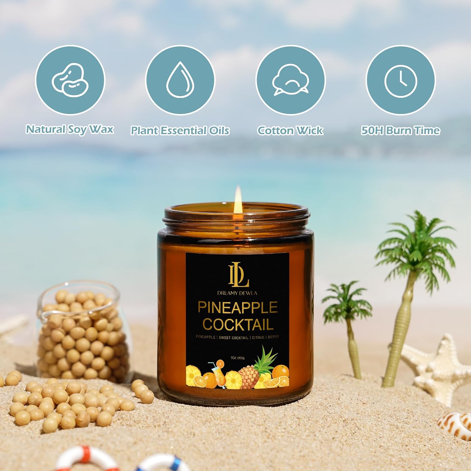 Pineapple Cocktail Candles, 7oz Pineapple Cocktail Scented Candle, Natural Soy Candles for Home Scented, Long Lasting with 50 Hour Burn Time, Gifts for Men Women