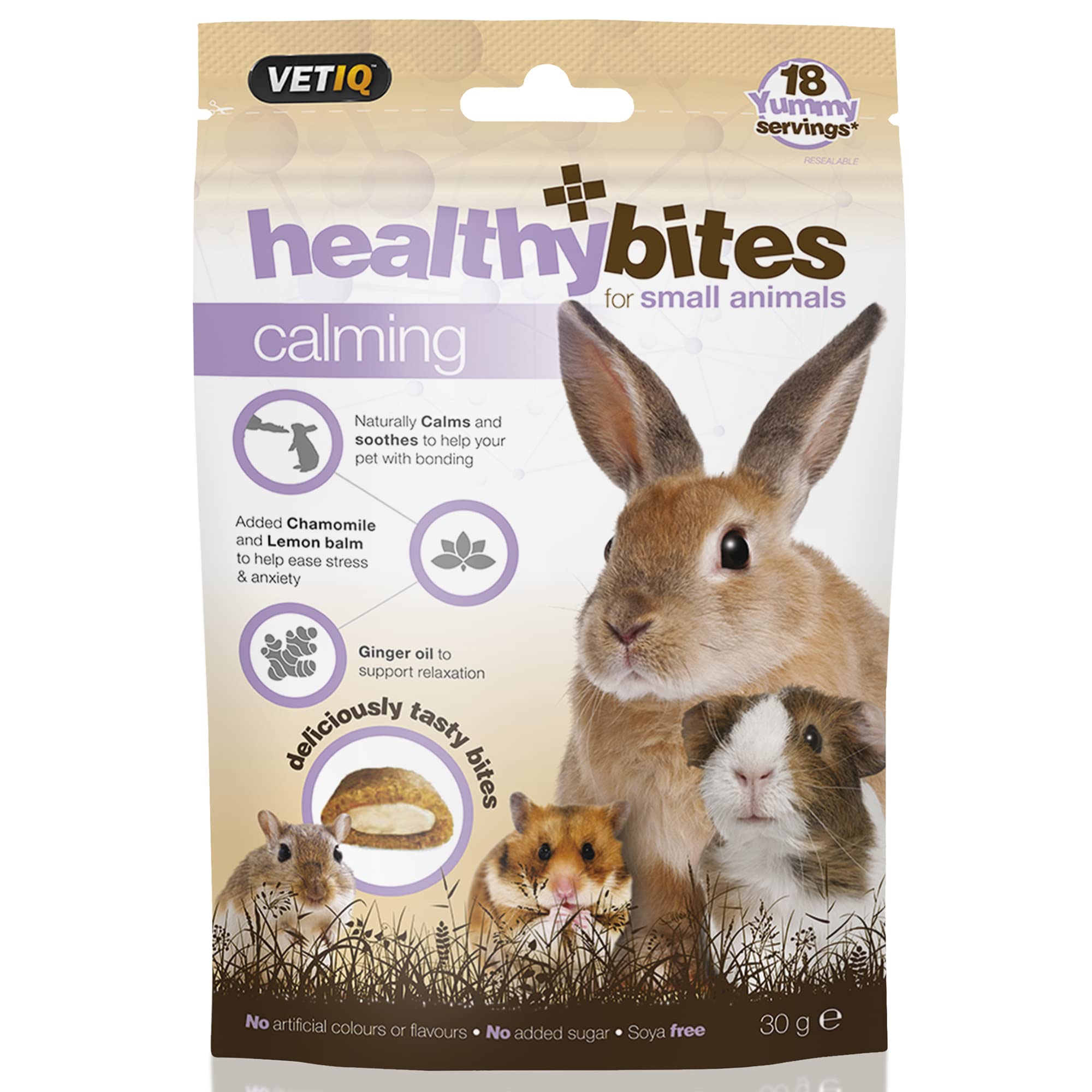 VetIQHealthy Bites Serene Calming Treats For Small Animals, With Chamomile & Lemon Balm to Help Ease Stress & Anxiety & Ginger Oil to Support Relaxation, 30 g