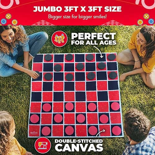 Miniatura 4 de Swooc Games® - Juego Vintage Gigante de Damas y Tres en Raya 2 en 1 con Tapete (3 pies x 3 pies) - Lona 100% Lavable a Máquina - Juegos Gigantes al
