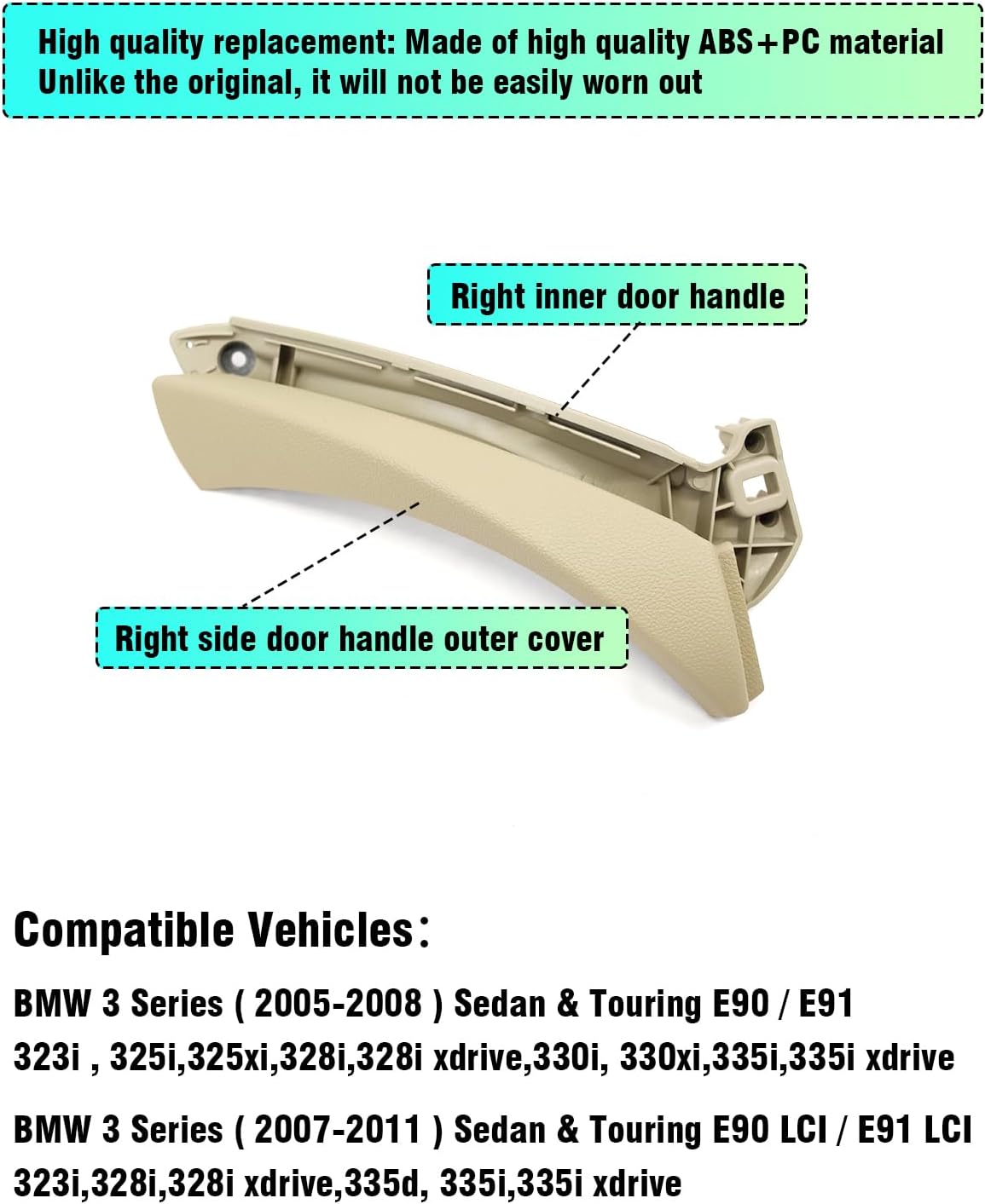 E90 Left Side Door Pull Replacement, for BMW 3 Series E93 E91 Door Handle Replacement Kit, Outer Cover+Left Passenger Side Door Clasp Handle, for 316 318 320 325 330 335 etc (2005-2012)- Beige