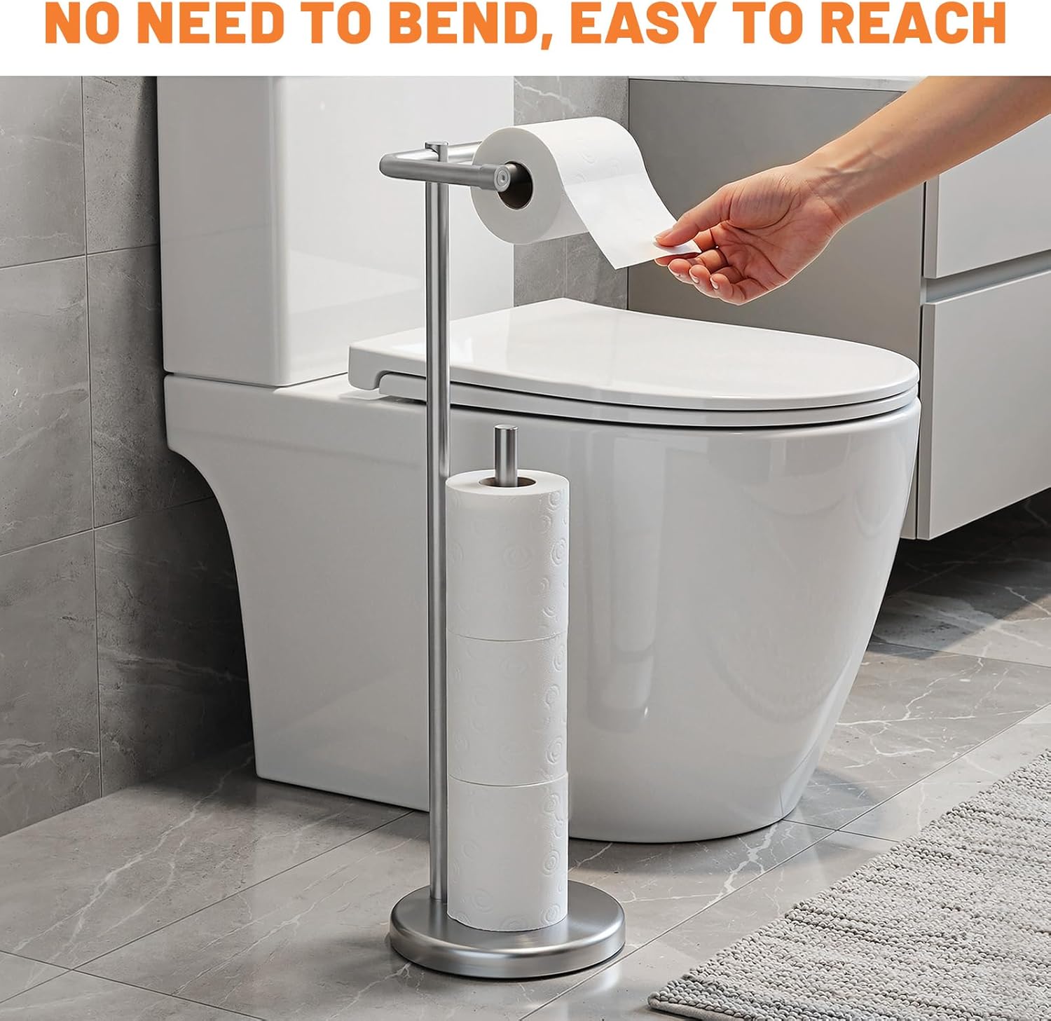 Housolution Toilet Paper Holder Stand, Brushed Nickel Freestanding Toilet Paper Holder with Post Pivoting Design and Stable Weighted Base, Stainless Steel Bathroom Toilet Paper Holder