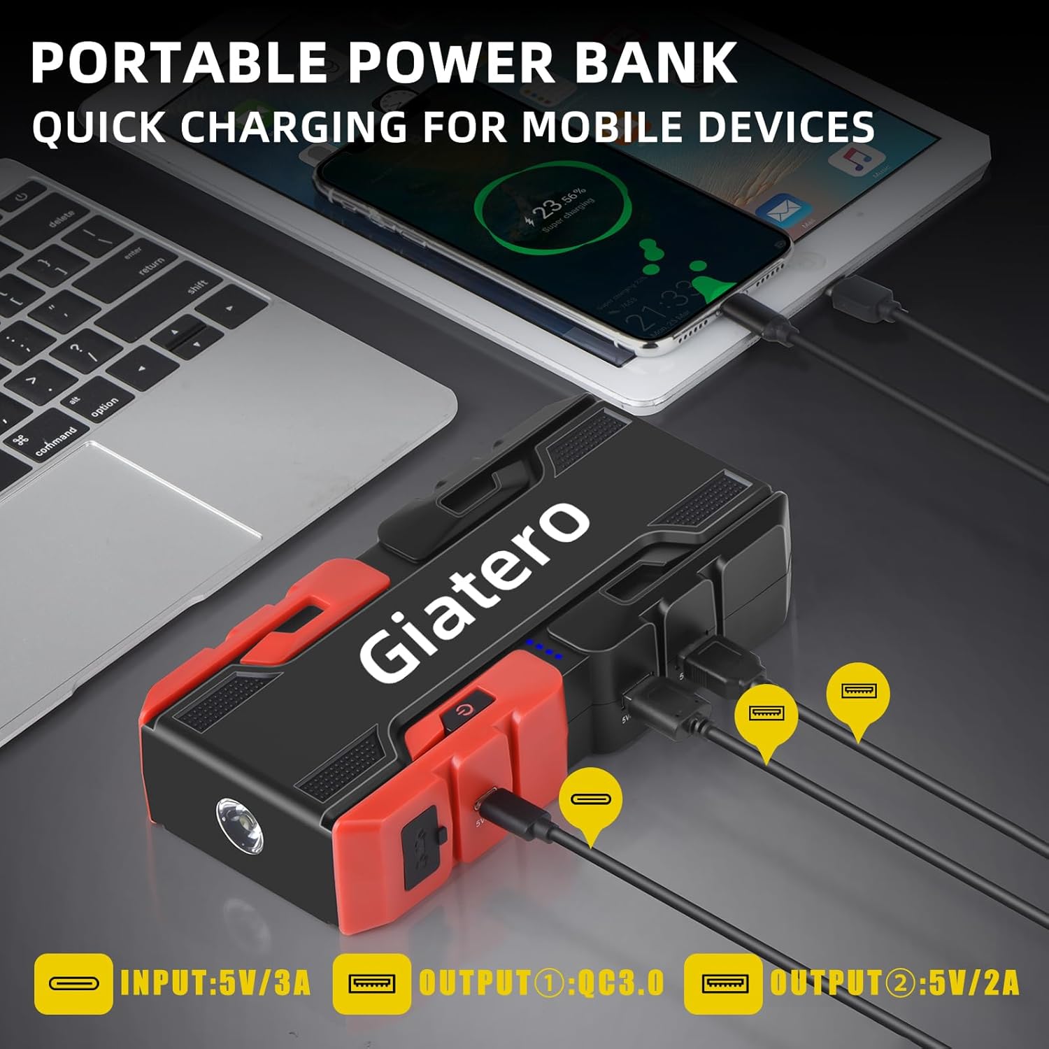 Giatero Jump Starter functioning as a portable power bank, charging multiple devices