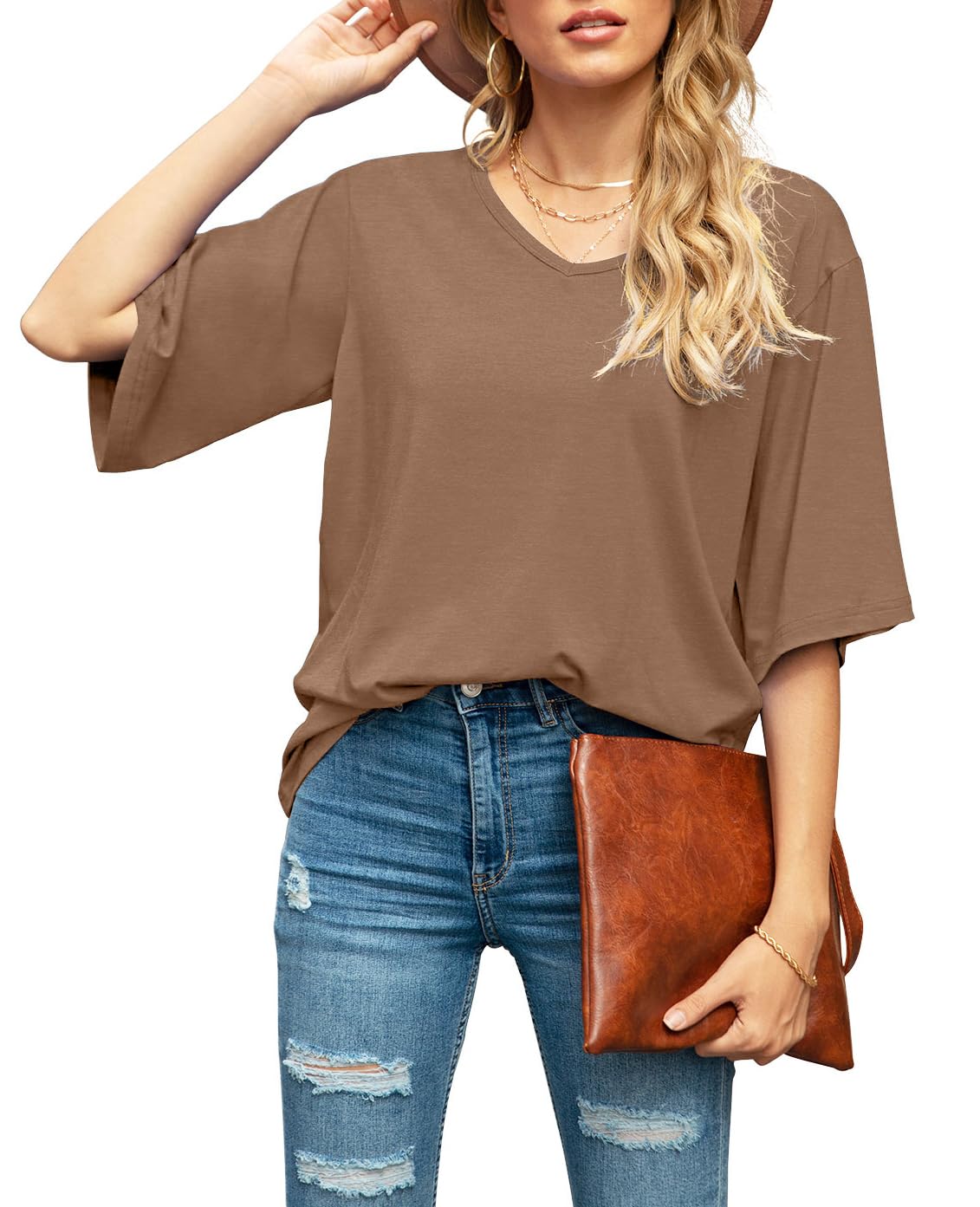 SUEANI Women's Blouse Tops Loose V Neck 3/4 Bell Sleeve Shirt