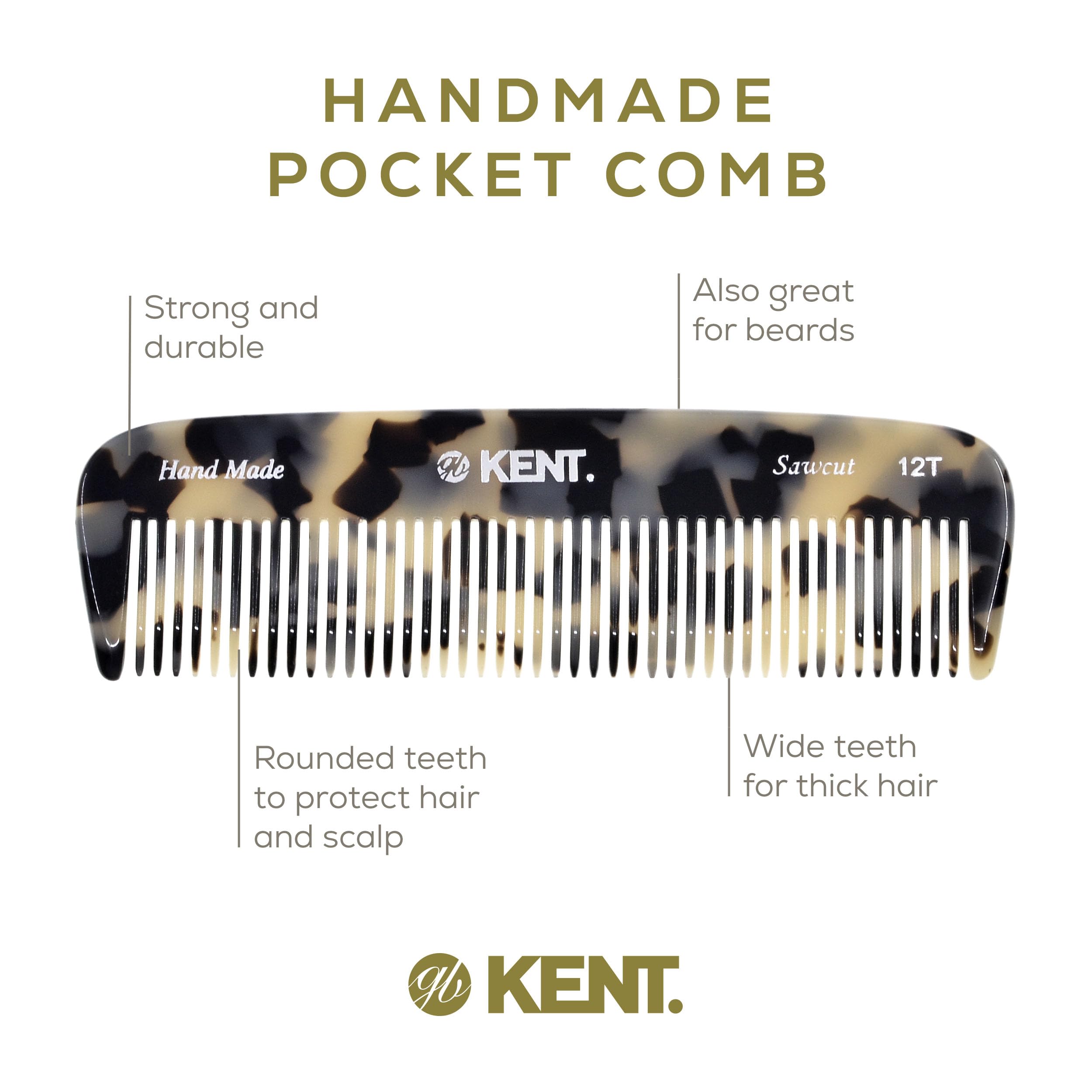 Kent 12T TW Pettine districante per capelli a denti larghi, pettine a denti larghi fatto a mano per capelli spessi, ricci e mossi, pettine districante per capelli grandi, pettine districante per