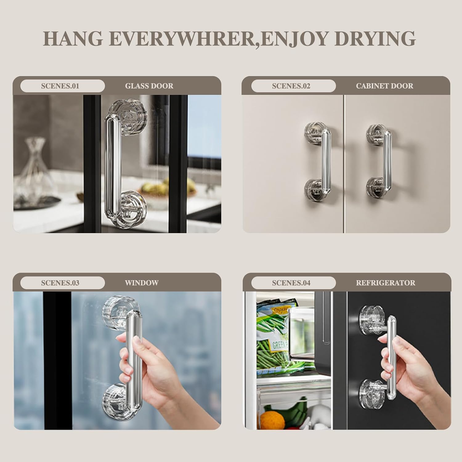 Suction Cup Handle, Transparent Hole-Free Door Handle for Bathroom Kitchen Cabinet Drawer (2, Light Grey)