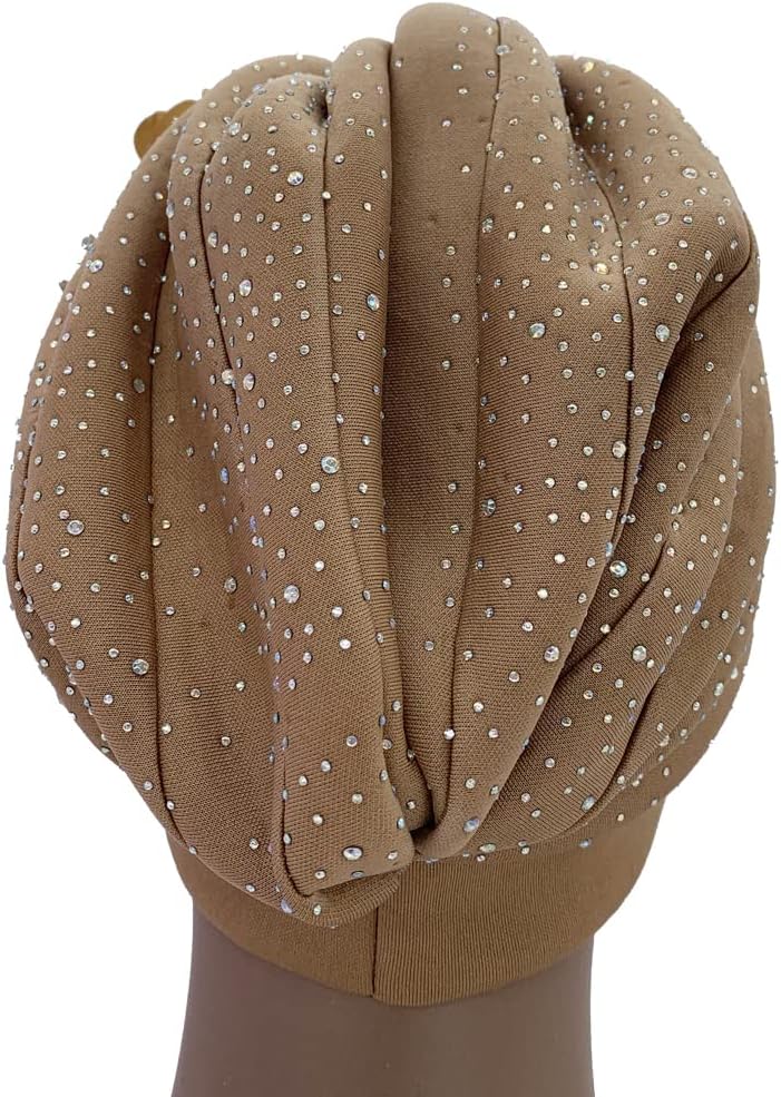 Luxurious African Women's Turban Cap Decorated with Rhinestone Bouquets Pleated Head Wraps Female Shinny Muslim Bonnet Hat - Image 5