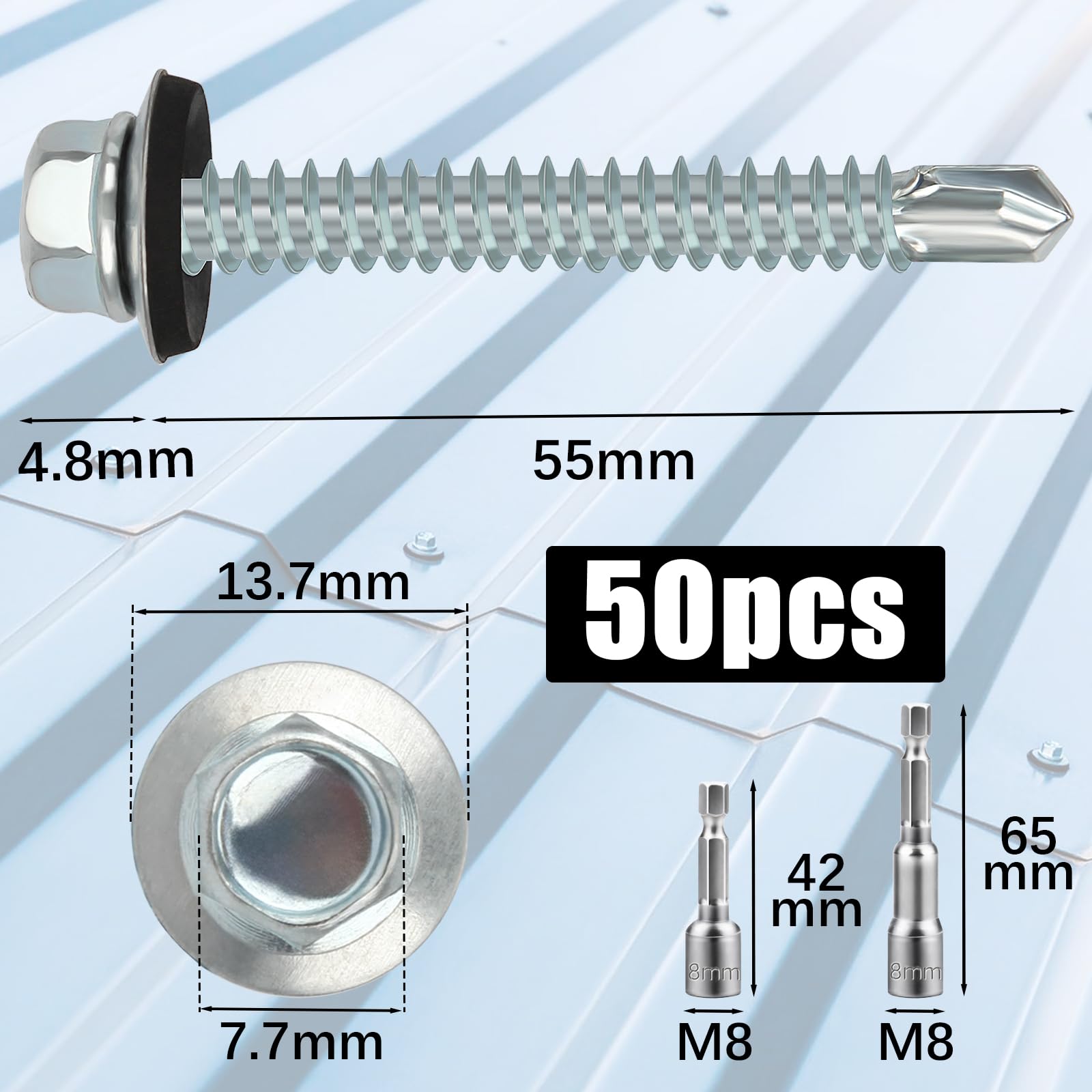 sturiz 50PCS 4.8x55 mm Self Drilling Screws for Metal Roofing Screws with Rubber Washers Hex Head Self Tapping Screws und 2 M8 Hex Socket Tech Screws Zinc Corrugated Roof Fixings for Tin Roof - Image 2