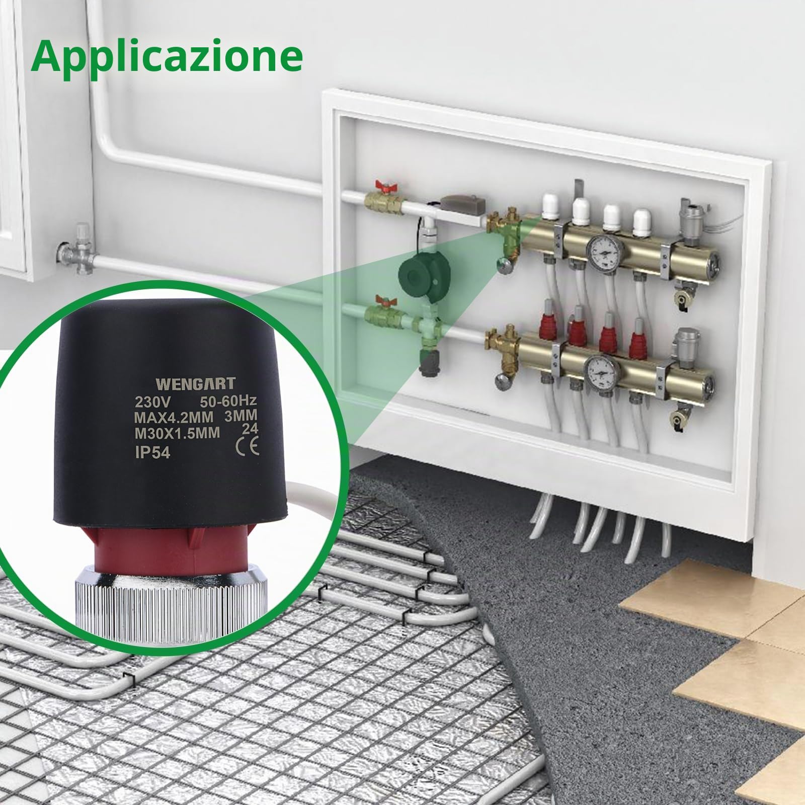 Attuatore per Riscaldamento a Pavimento Wengart WG905, Normalmente Chiuso AC230V 2W M30*1,5 2 Fili Adatto per Sistemi HVAC e Sistemi di Acqua Calda