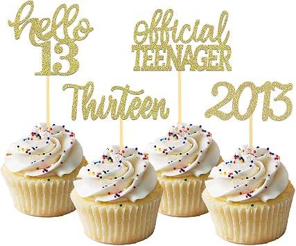 24 Pcs Glitter 13th Birthday Cupcake Toppers, Hello 13th Birthday Cake Topper - 13th Birthday Decorations for Celebrating Official Teenager Thirteen Years Old Birthday Party Supplies Gold 2