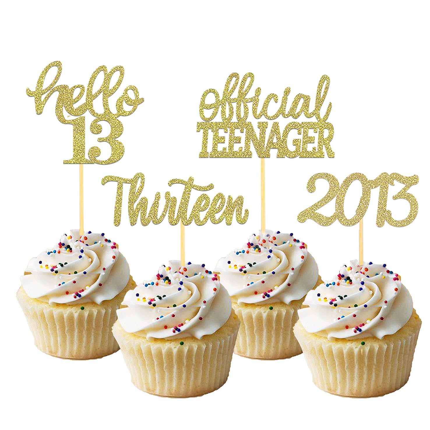 Photo 1 of 24Pcs Glitter 13th Birthday Cupcake Toppers, Hello 13th Birthday Cake Topper- 13th Birthday Decorations for Celebrating Official Teenager Thirteen Years Old Birthday Party Supplies (Gold 2)