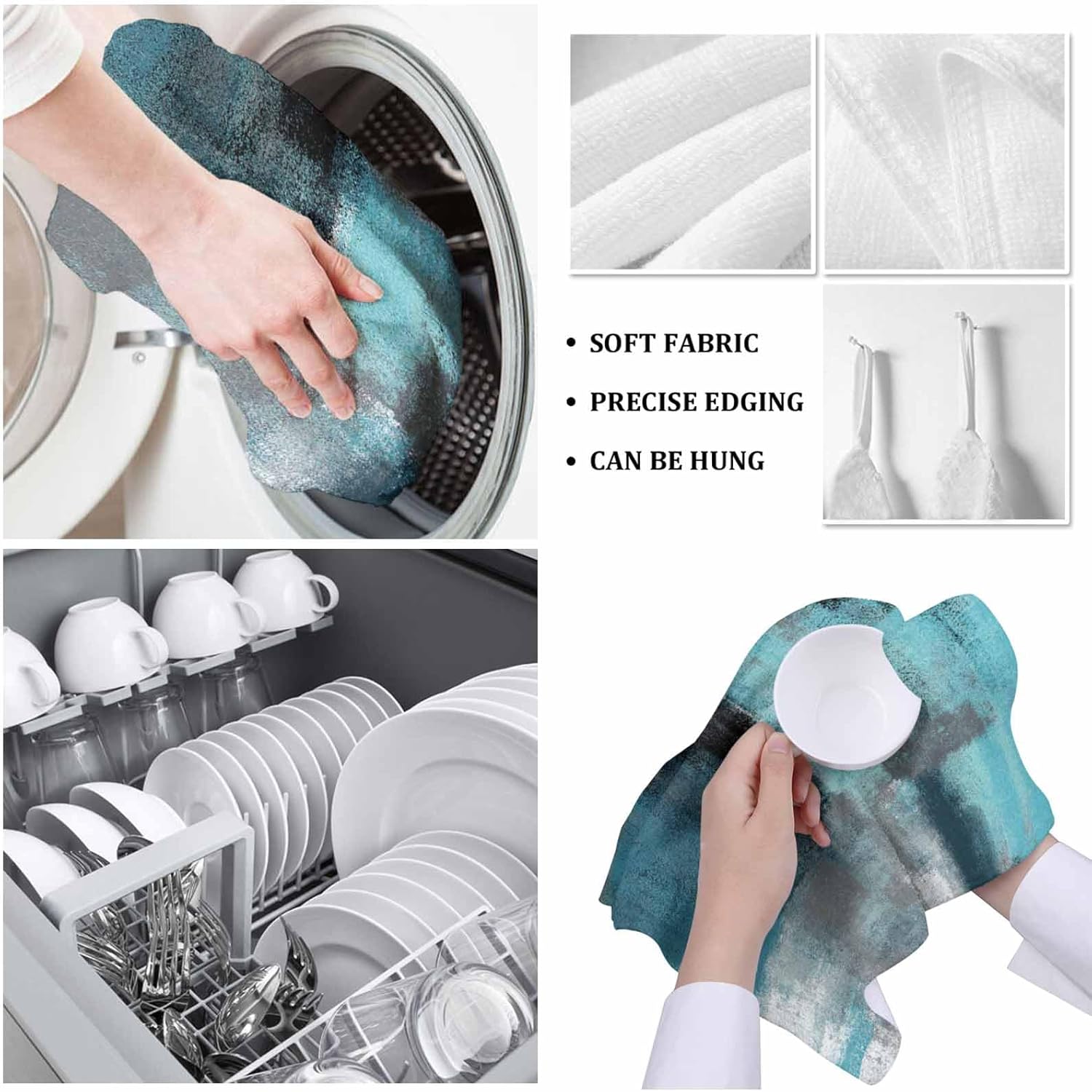 Kitchen Towels,Microfiber Cleaning Cloths, Turquoise and Grey Abstract Art Painting Teal Soft Dish Towels for Kitchen, Pack of 3 Absorbent Reusable Dish Towels,Tea Towels,Bar Towels,18x28 Inch