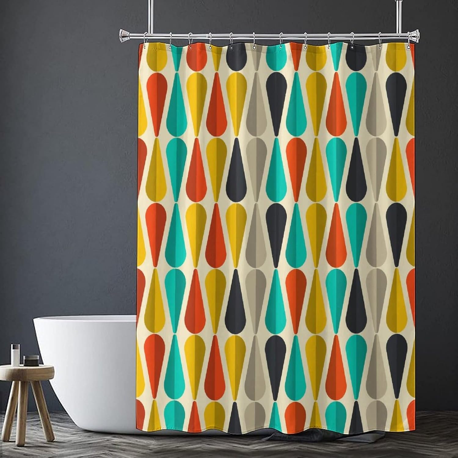 Mid Century Shower Curtain, Modern Drop Shape Retro Colors Boho Orange Teal Black Geometric Pattern Waterproof Polyester Fabric Bathroom Bathtub 72x72inch(183x183cm)