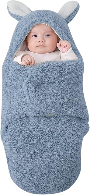 SIMYJOY Baby Swaddle Blankets Tog 2 Sherpa Newborn Receiving Blanket with Cute Rabbit Ears Warm Baby Hooded Sleep Swaddling Wrap for Infants 4-7 Month, Blue