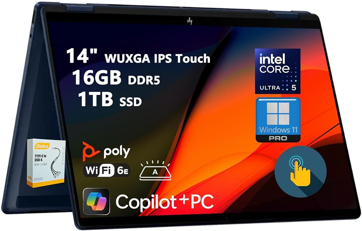 Portátil HP OmniBook X Flip 2 en 1 | 14" WUXGA IPS Touch | Intel Core Ultra 5 226V | 16GB DDR5 1TB SSD | PC AI para Creator Designer Business Professional Win11 Pro con accesorio DLCA