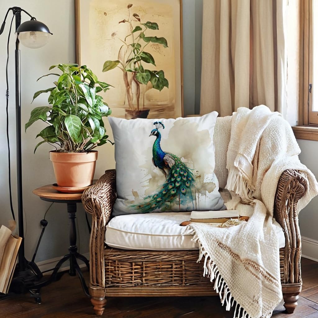 7COLORROOM Set of 4 Vintage Style Peacock Throw Pillow Cover with Flower &Green Leaves Cushion Cover Cotton Linen Home Decors Square Pillowcases 18"X18" for Couch/Sofa/Bedroom (Blue) - Image 3