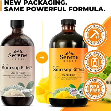 Serene Herbs Soursop Bitters Liquid with Soursop Leaves for Gut Cleanse, Detox & Immune Boost with Black Seed, Moringa, Irish Moss, Ashwaganda, Turmeric, 16 Fl Oz (Pack of 1), Mango