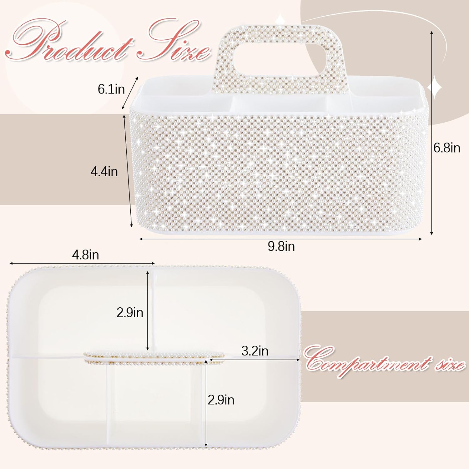Marspark Bling Makeup Caddy Organizer with Handle, Sparkly Art Craft Holder, Glitter Bathroom Hair Caddy, Shimmer Pen Pencil Holder for Women Desk Organizer, Bling Gifts for Women(White,Pearl Diamond)