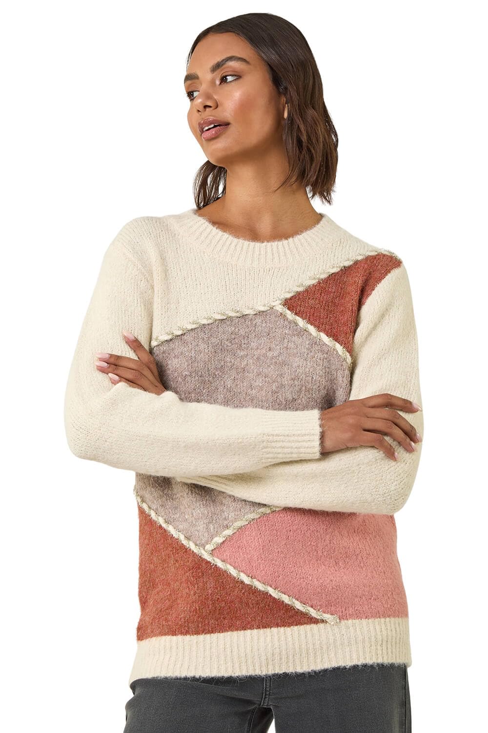 Roman Women's Ivory Patch Work Knit Jumper Size 20
