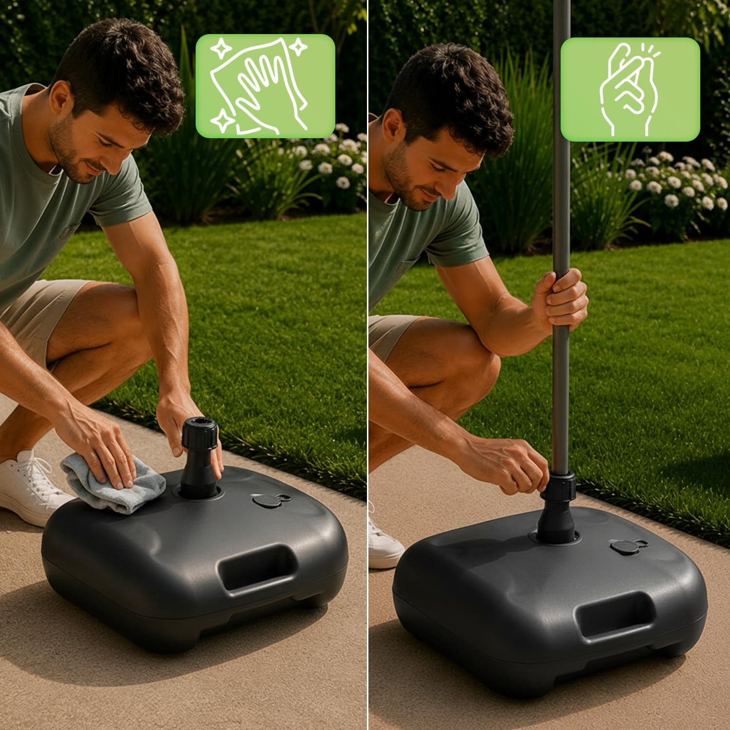 Avilia - Base per Ombrellone Riempibile 20L con Acqua o Sabbia – Supporto Ombrellone da Giardino, Terrazzo, Piscina, Spiaggia – Fusti 22-32 mm, Maniglia Ergonomica - L44xP44xA24 cm