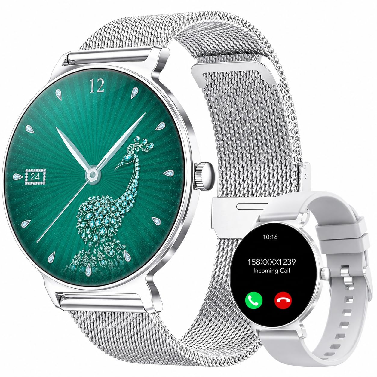 Smartwatch Damen mit Telefonfunktion, 1,27-Zoll AMOLED-HD Voll-Touchscreen Smartwatch, 120+ Sportmodi, IP68 Wasserdicht Fitness Tracker mit Herzfrequenz, Schlafmonitor für iOS Android, Silber