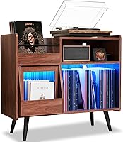 Vista 1 de Large Record Player Stand with Sliding Door,350 Vinyl Record Storage Cabinet, Record Player Table with Power Outlet and LED Light,Turntable Stand
