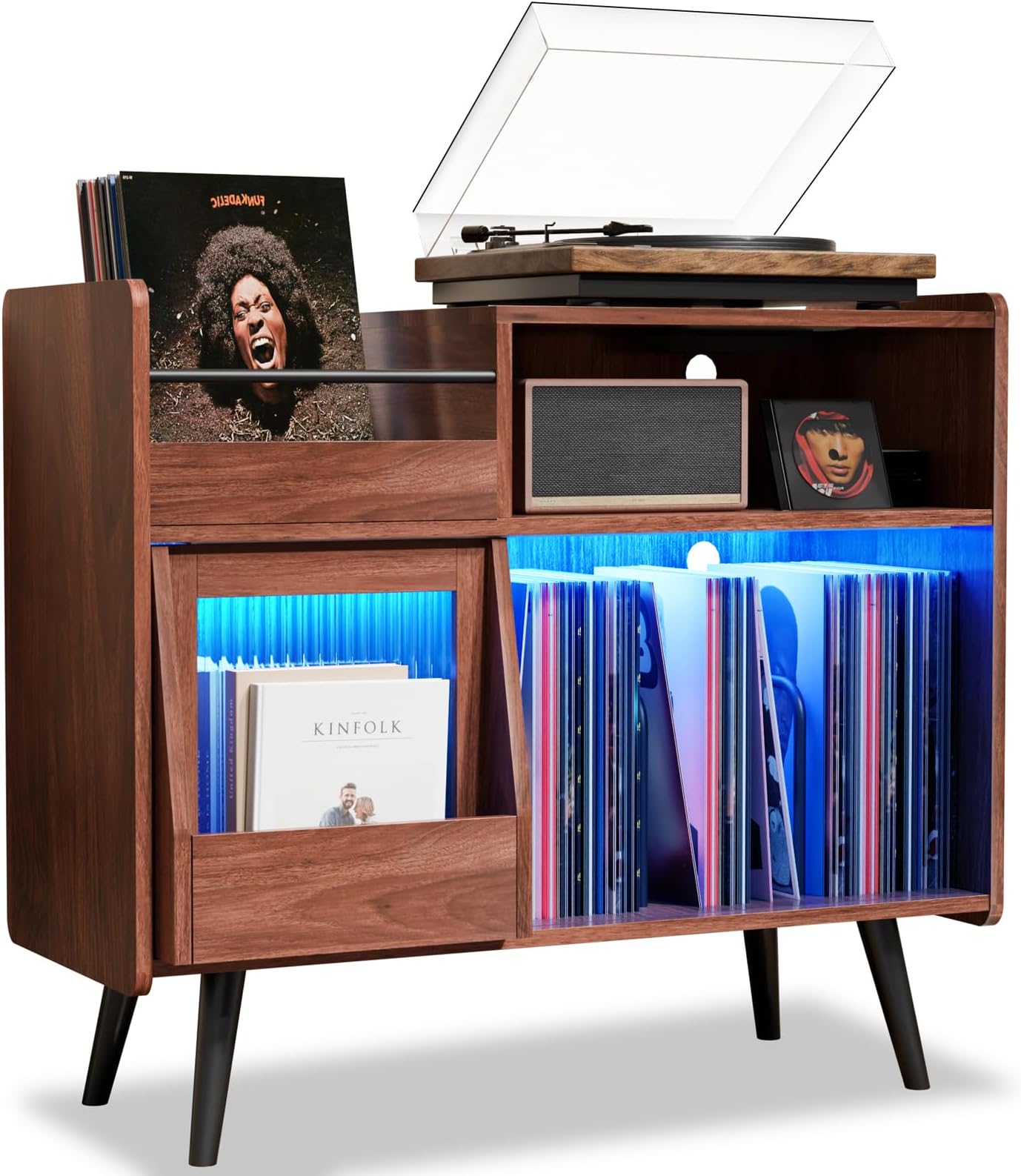 MULEJYBO Large Record Player Stand with Sliding Door,350 Vinyl Record Storage Cabinet, Record Player Table with Power Outlet and LED Light,Turntable Stand with Wood Legs for Living Room,Office