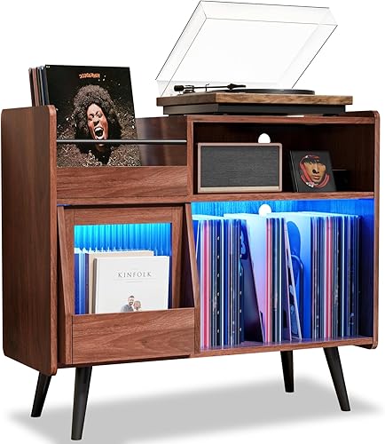 Soporte grande para tocadiscos con puerta corredera, armario de almacenamiento de discos de vinilo 350, mesa de tocadiscos con toma de corriente y
