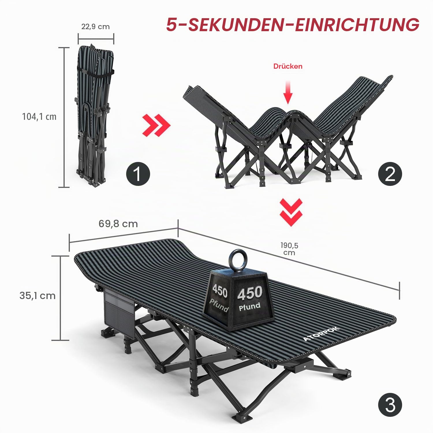 ATORPOK SHOP Feldbetten für Erwachsene mit Kissen, bequemes Reise-Campingbett zum Schlafen, leichtes Klappbett mit Tragetasche, trägt 200 kg