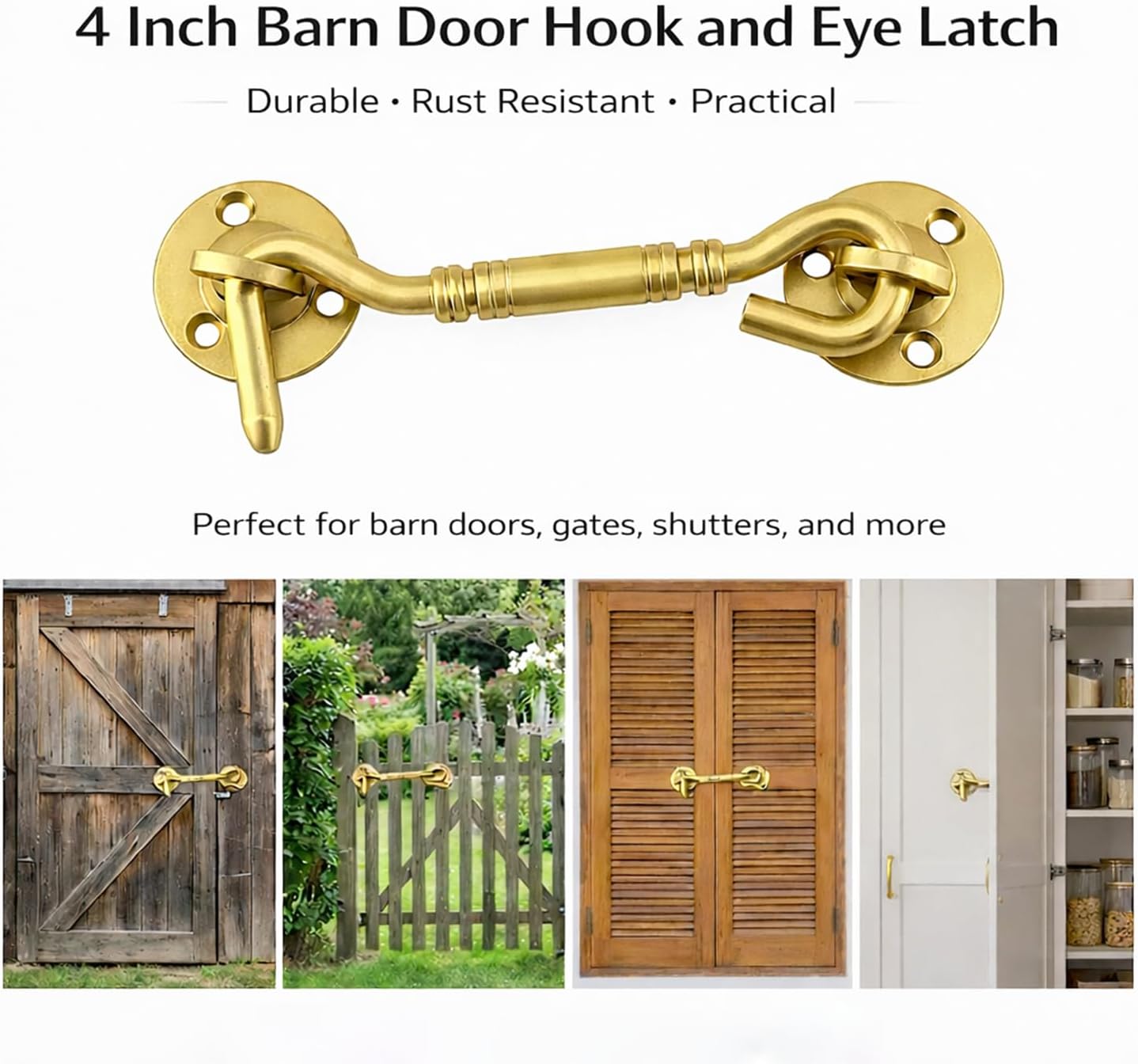 4 Inch Satin Brass Hook and Eye Latch, Heavy Duty Gold Tone Gate Latch, Antique Style Privacy Hook for Barn Door, Window, Cabinet (1 Pack)