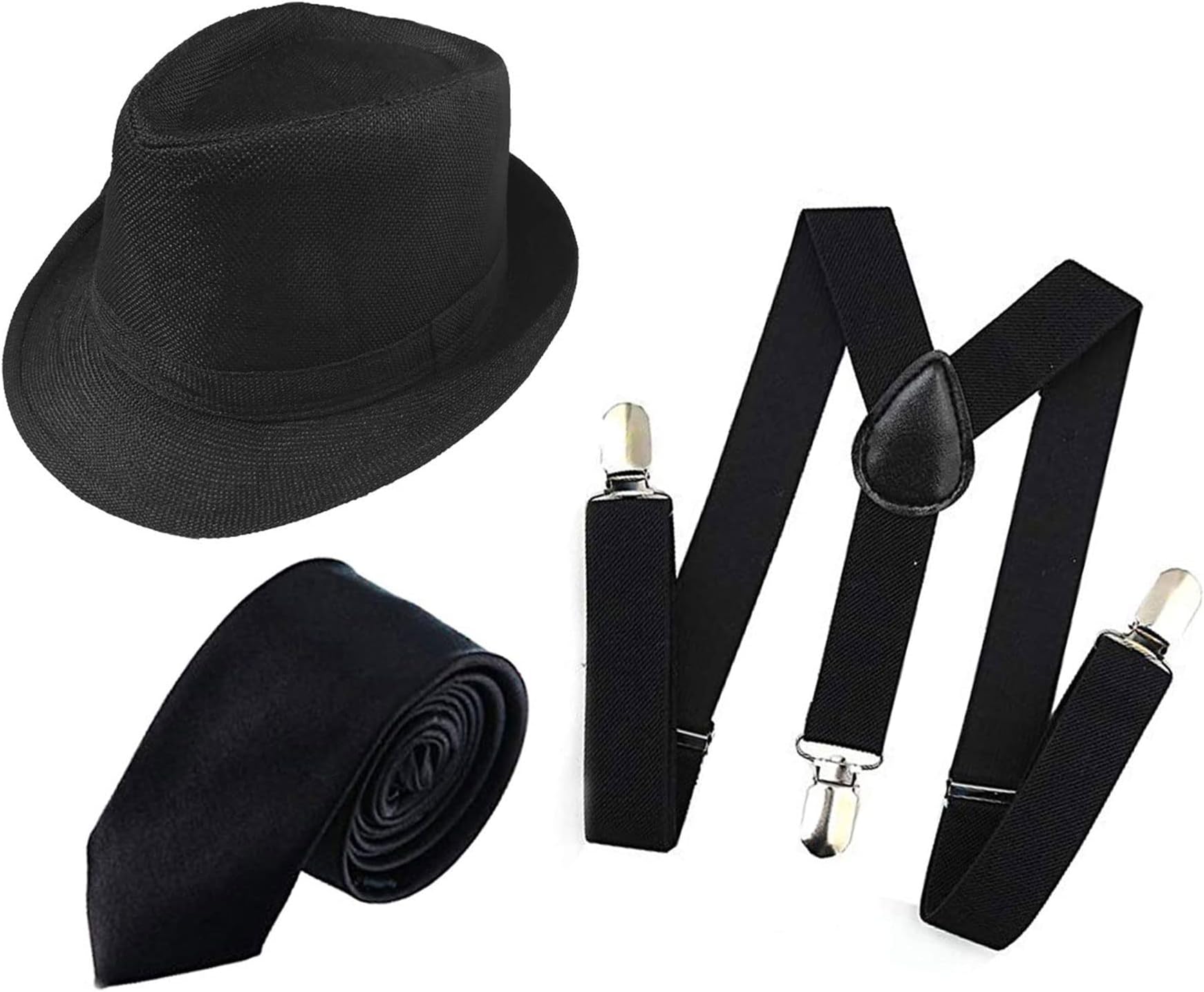 1920s Mens Accessories Set Manhattan Fedora Hat for Men,1920s Tie (black2)