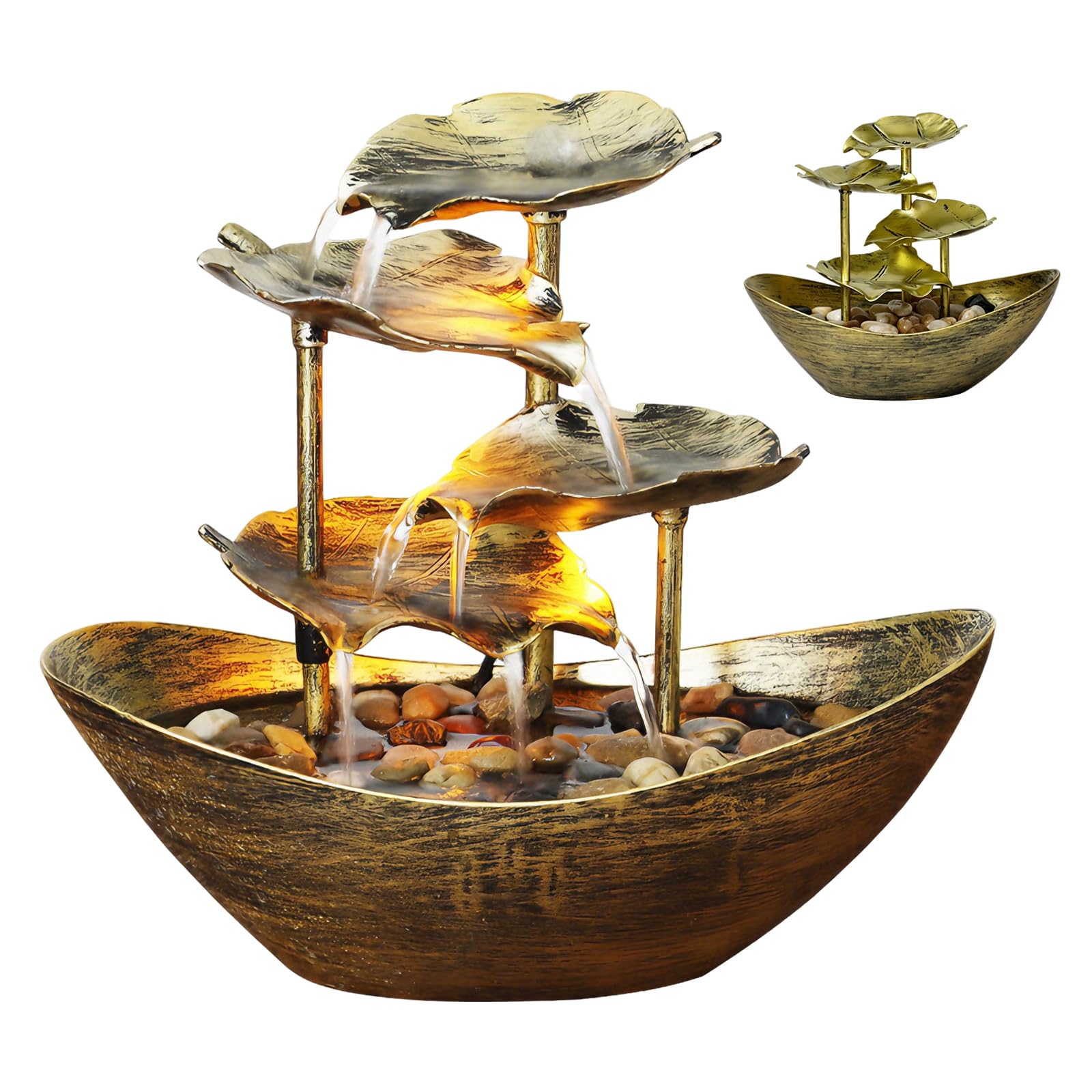 Fuente Agua Decorativa, Fuente de Mesa con Cascada de Hoja de Loto en Lingotes, Fuentes Decorativas de Agua Interior con Iluminación LED para la Decoración del Hogar Oficina Jardín Salón