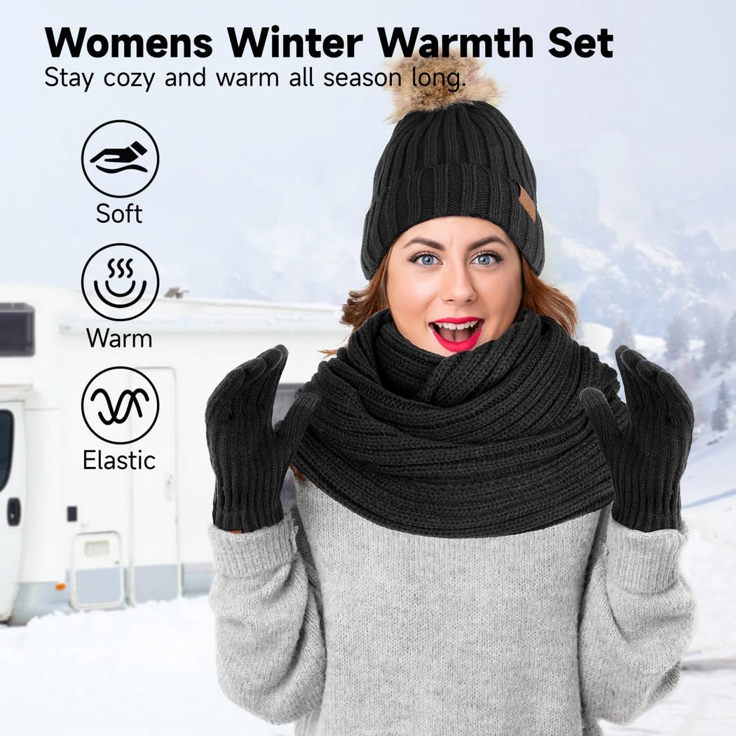 Cappello invernale da donna, guanti touchscreen, sciarpa foderata in velluto, accessori comodi per il freddo