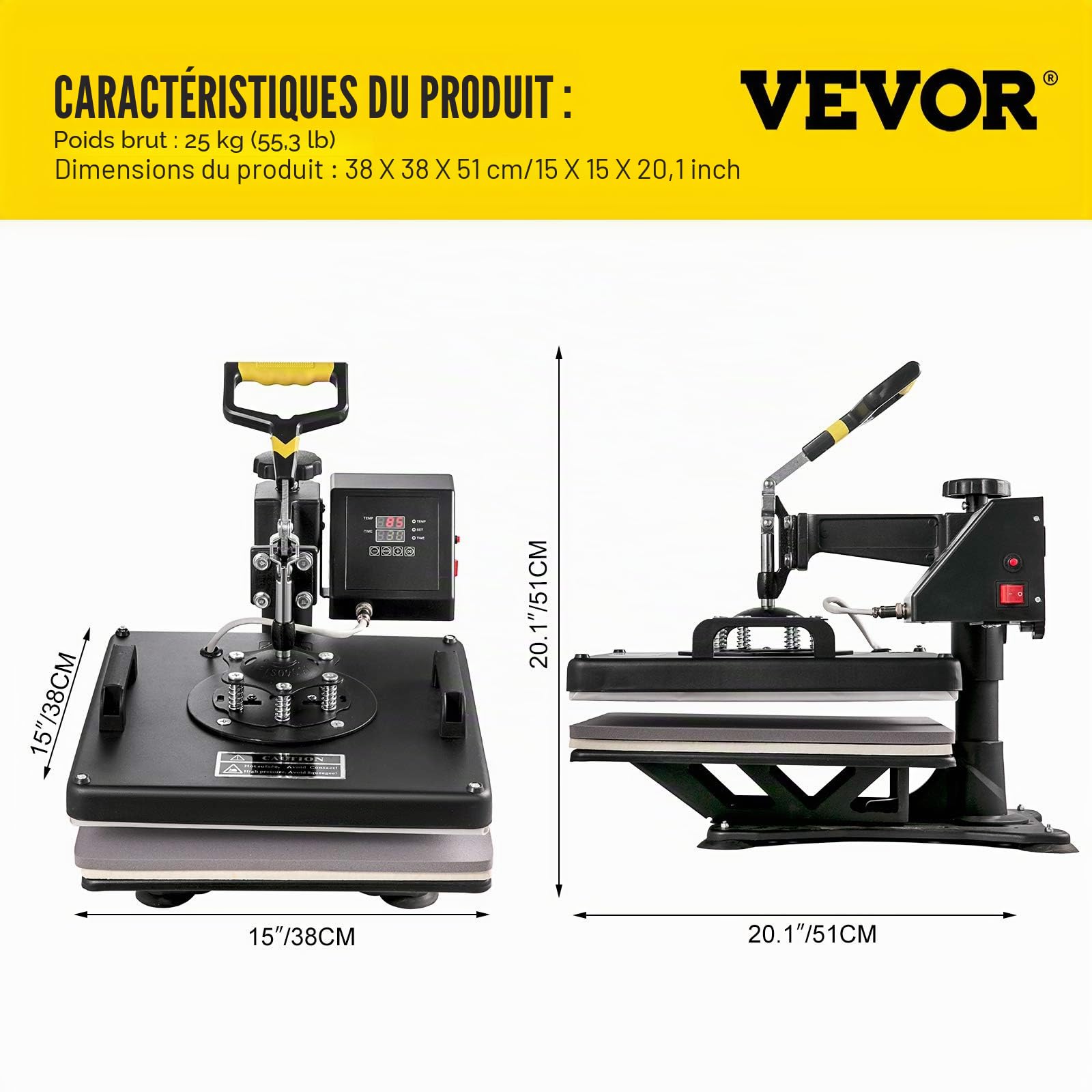 VEVOR Presse à Chaud 8 en 1 Presse de la Chaleur 38x 38cm Machine de Sublimation Textile Heat Press Pivotant à 360 Degrés pour t-Shirts/Tasse/Chapeau/Assiette/Casquette