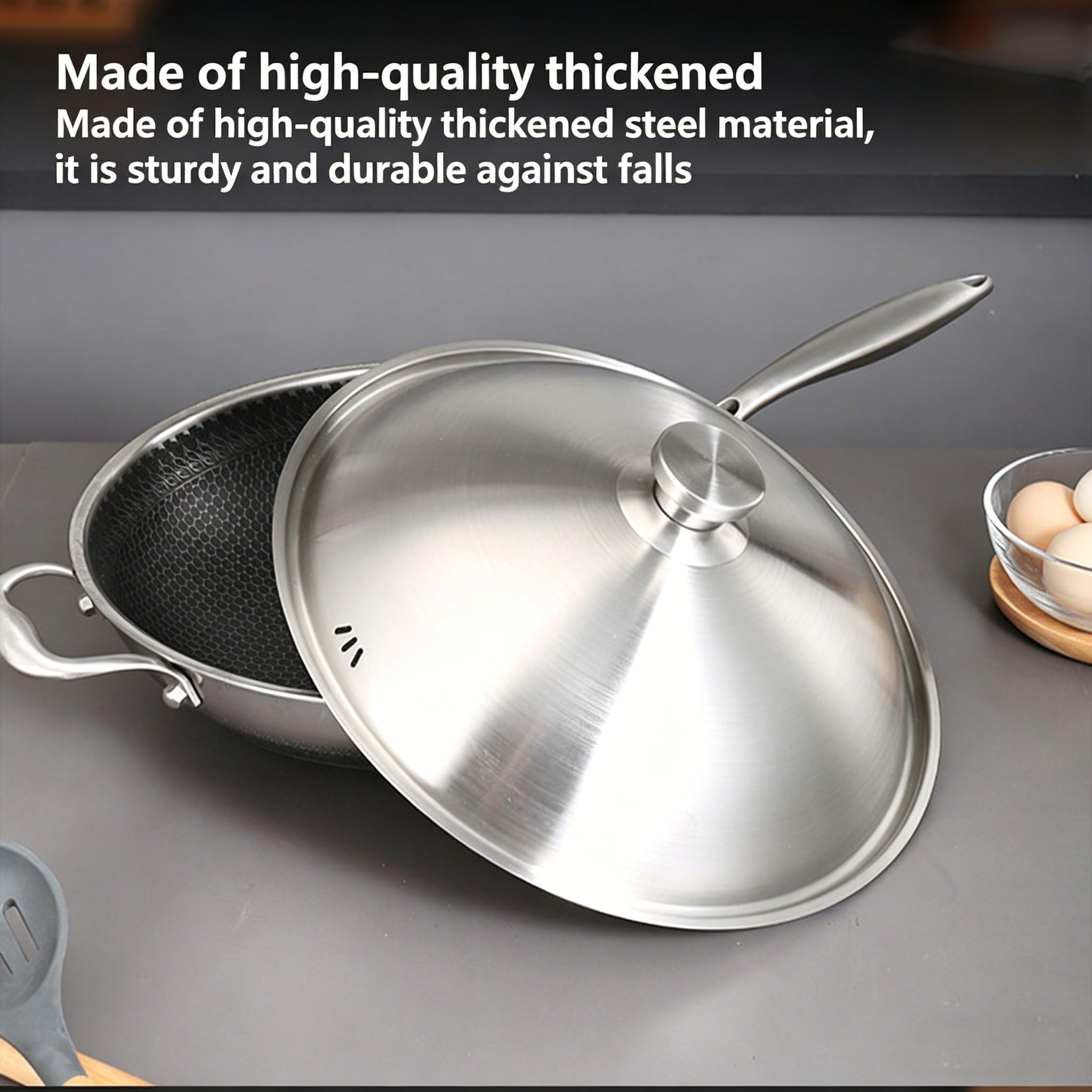 Tapa universal para sartenes y ollas, adecuada para todas las ollas, sartenes y woks de entre 30 cm y 38 cm, fabricada en acero inoxidable con un mango resistente al calor 32cm