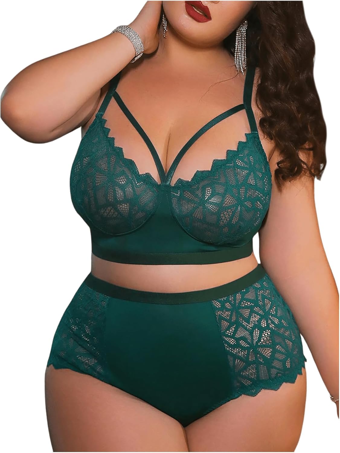 MakeMeChic Women's Plus Size Lingerie Sets Contrast Lace Cut Out Wireless Bra and Panty Set