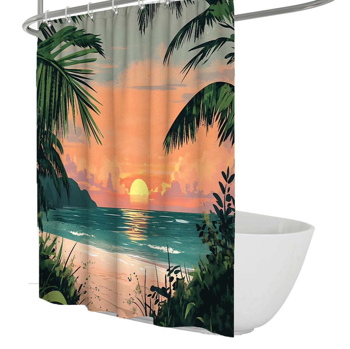 Rideau douche plage tropicale coucher soleil cocotier W220xL180 cm