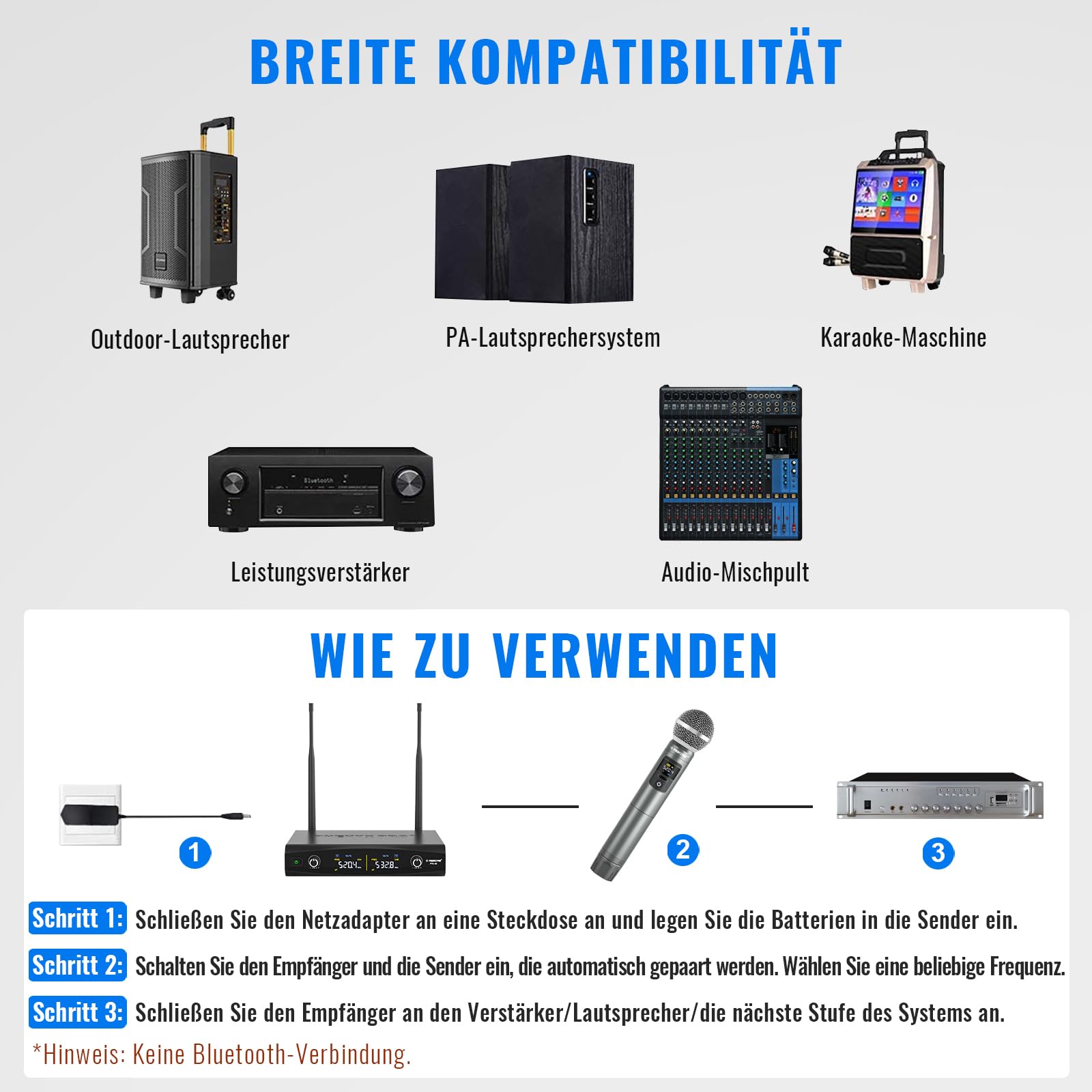 Phenyx Pro Drahtloses Mikrofonsystem, kabelloses Handmikrofon-Set, 2x30 UHF Frequenzen, 200ft Reichweite (PTU-52)