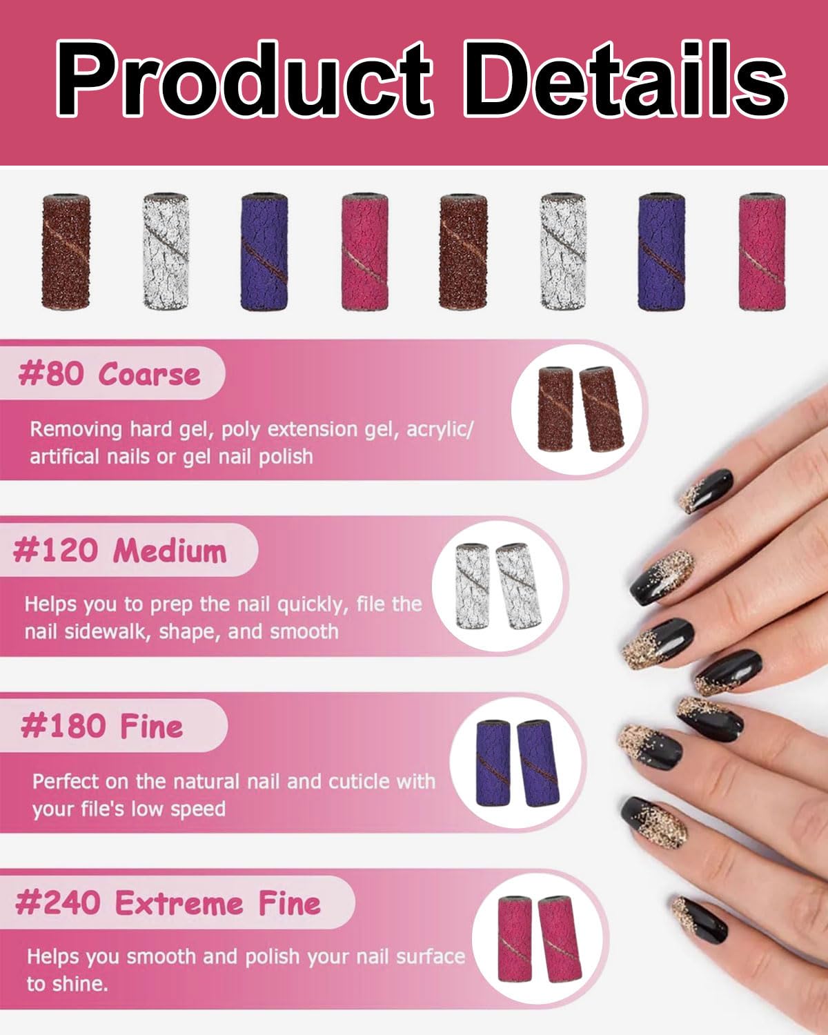Fresa per Unghie,60 Pcs Abrasivi Fresa Unghie Professionale con 1 Punte,Granulometria 80/120/180/240,Accessoriunghie per Manicure e Pedicure(4 Colori A)