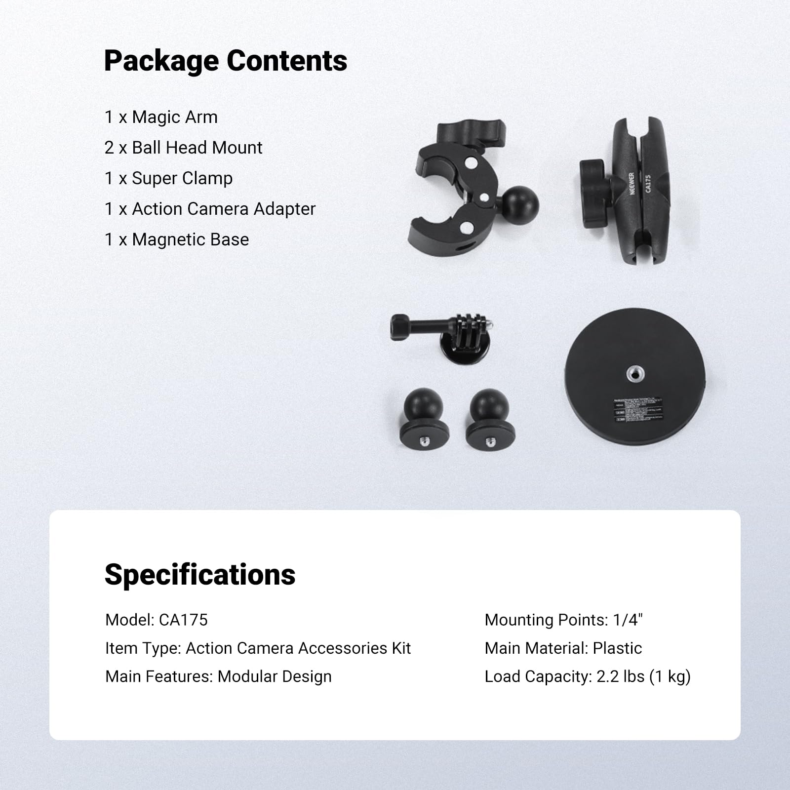 NEEWER Supporto a Morsetto per Manubrio Moto Bici Staffa Magnetica per Auto Kit Accessori Action Cam Compatibile con Insta360 X5 X4 X3 GoPro DJI AKASO, Teste Sfera a 360° per Riprese Video POV, CA175
