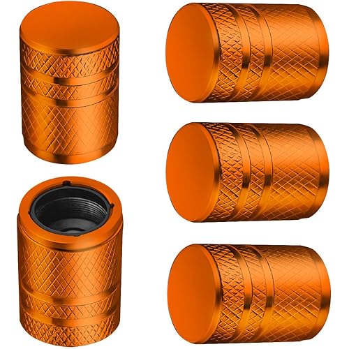Tire Valve Stem Caps - (5 Pack) Metal Air Caps with Plastic Liner, Corrosion Resistant, Leak-Proof, Universal Stem Covers for Cars Trucks Motorcycles and Bikes - Orange