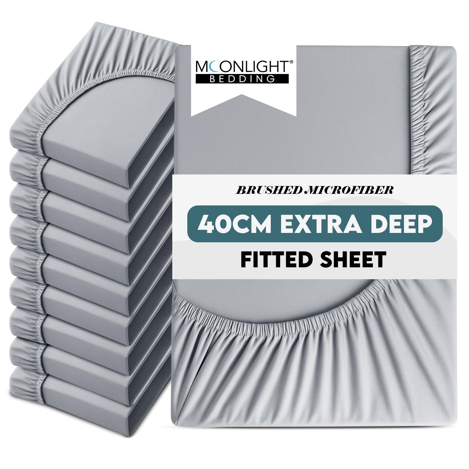 Moonlight Bedding Super King Size Fitted Sheets 10 Pack 40CM Silver Bedsheet with Elastic Corners 16 Inch Bottom Sheet Brushed Microfiber Easy Care Breathable Shrinkage Fade-Resistant