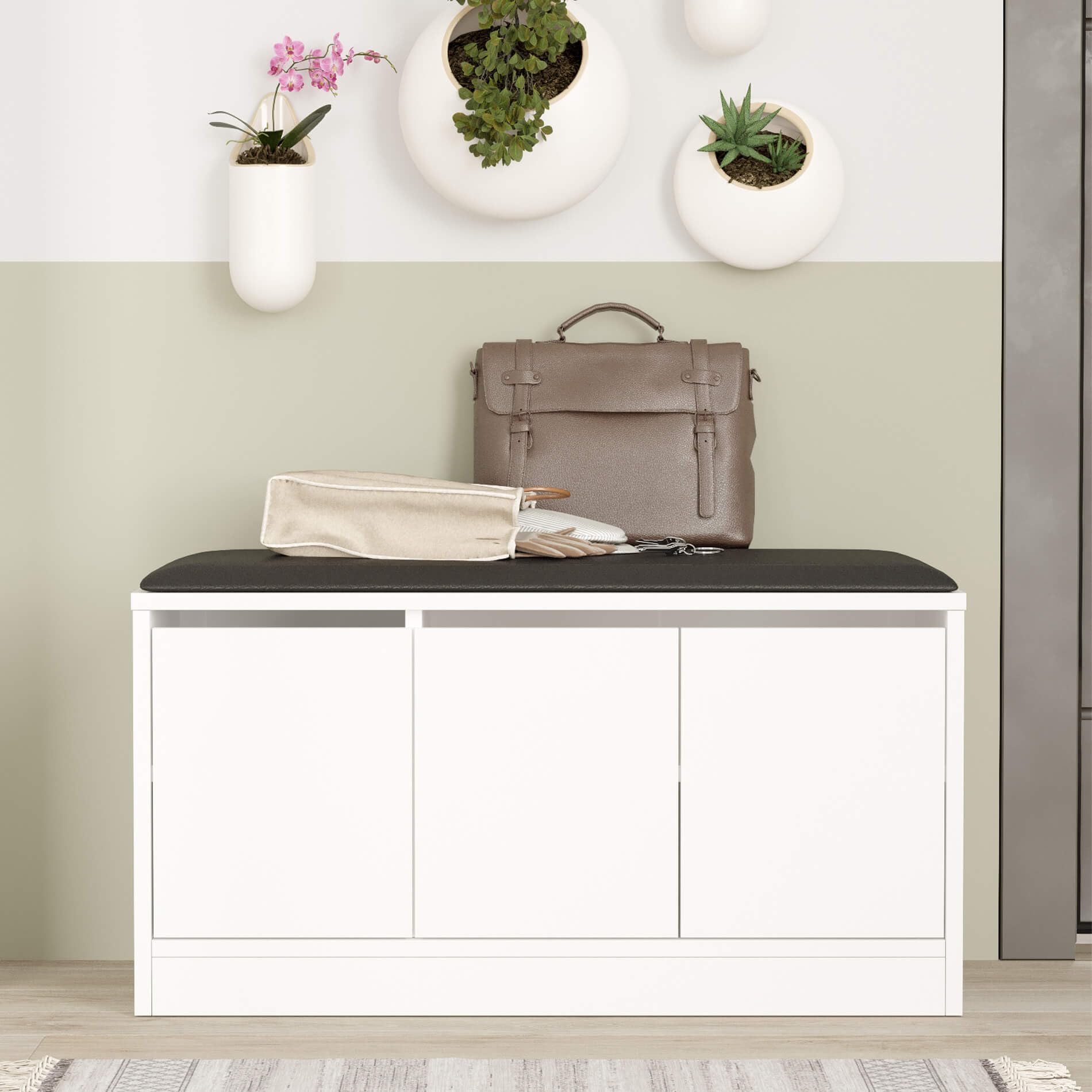 Rebecca Mobili Banc étagère à chaussures, meuble pour chaussures d'entrée, blanc gris foncé, aggloméré simili cuir, avec 4 compartiments, avec assise - dimensions HxLxP : 46 x 89,5 x 35,5 cm - Art.