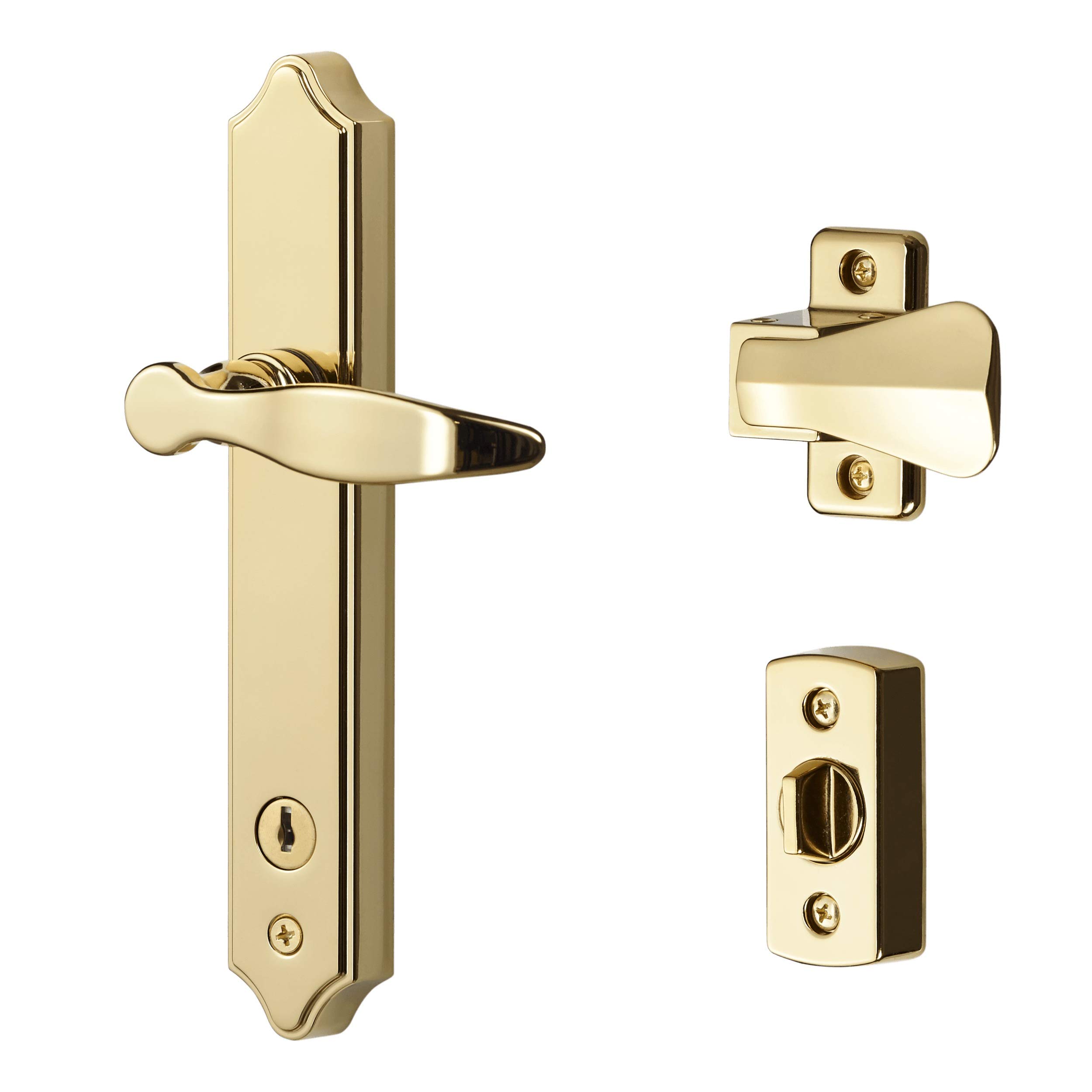 Ideal Security SK1215BB ML Lever Set for Storm and Screen Doors with Keyed Deadbolt, 2-Posts with Tie-Down Screw, Bright Brass