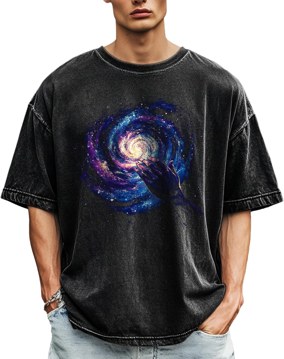 Cotton Shirts for Men Graphic Tees Loose Casual Short Sleeve Acid Washed T-Shirts Summer Crewneck Tops