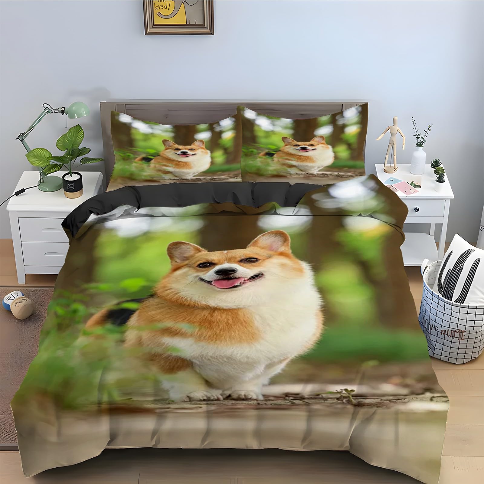 Housse de couette zippée Corgi parure de lit 90x190 facile à enfiler et laver