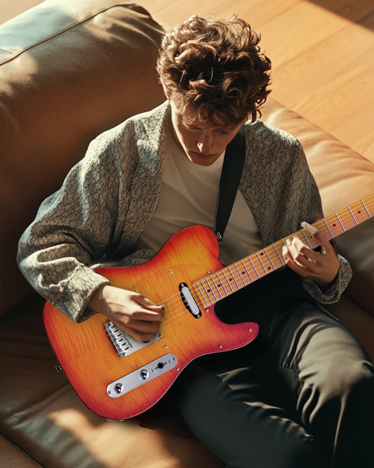 Leo Jaymz TL Style Electric Guitar with Flame Maple Top - High Gloss Mahogany Body and Hard Maple Neck - High Transparent Acrylic Pickguard (Transparent Honey Burst)