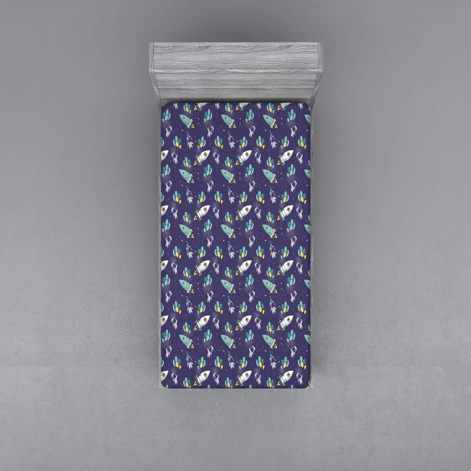 Ambesonne Party Fitted Sheet, Starry Space with Balloons Tied to Rockets Boys Birthday Celebration, Bed Cover with All-Round Elastic Deep Pocket for Comfort, Twin XL Size, Blue Yellow