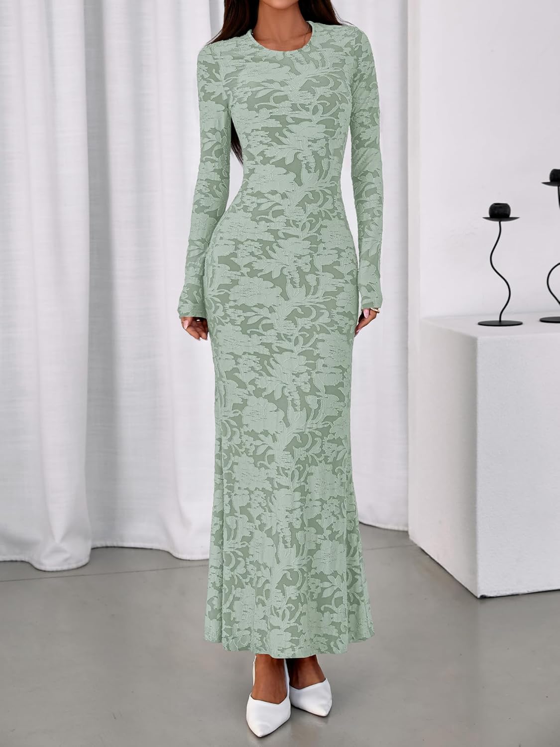 BTFBM Wedding Guest Dresses for Women 2026 Spring Elegant Floral Lace Ruched Long Sleeve Bodycon Cocktail Party Maxi Dress