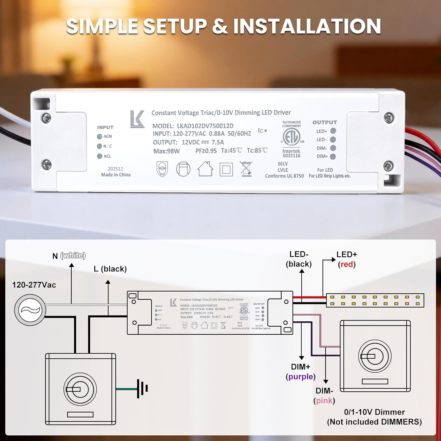 12V 100W Dimmable LED Driver, 5-in-1 Constant Voltage Triac/ELV/MLV/0-10V/1-10V/PWM/V-R Dimming AC to DC Power Supply, ETL Listed LED Transformer, Compatible with Leviton Dimmer